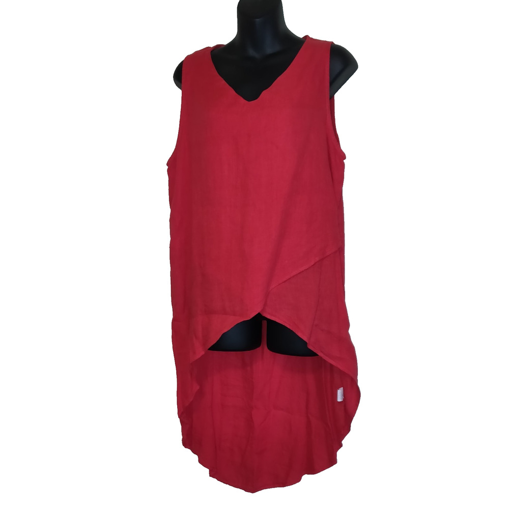 Pure Match Red Linen Top Sz L Lagenlook Boutique USA High Low NWT Sleeveless